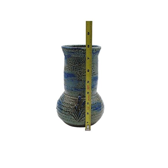 Vintage Handcrafted Pottery Vase Jar Floral Blue Gray Brown 8" Signed DW '87 - Picture 10 of 12